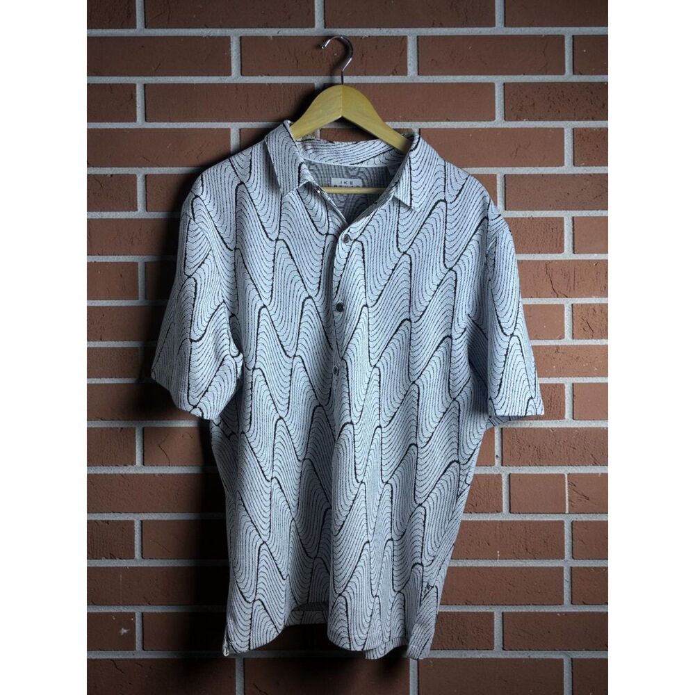 Ike Behar Men's XL Textured Knit Button Shirt White Black Pattern Casual